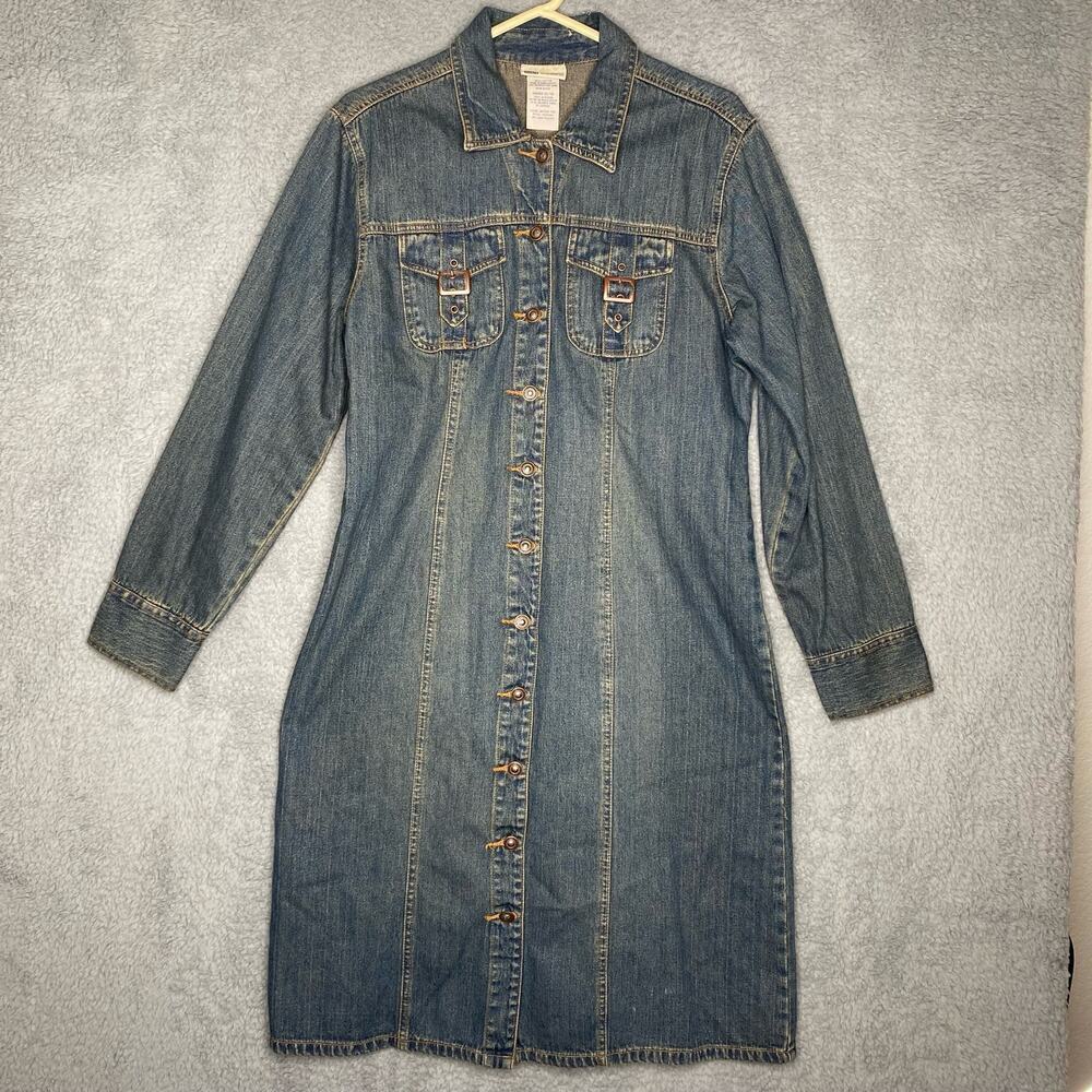 Vintage Faded Glory womens long sleeve denim jean button up dress y2k collar L